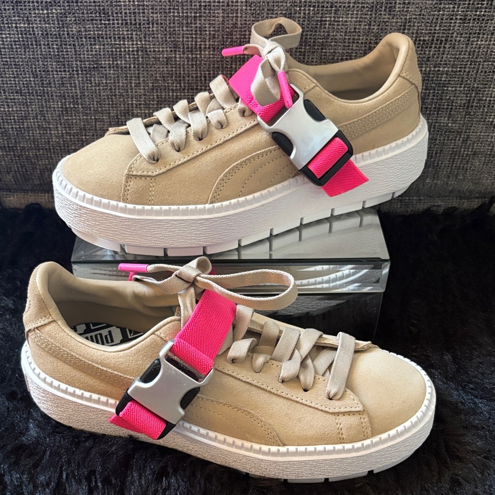 Puma Beige Suede Platform Sneakers with Hot Pink Buckle Strap